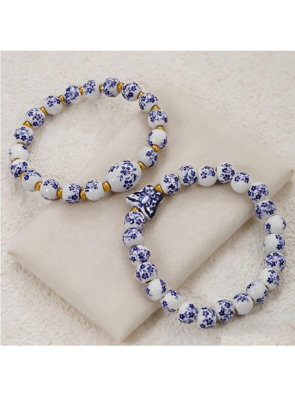 Anthropologie Blue and White Ceramic Floral Bead Bracelet